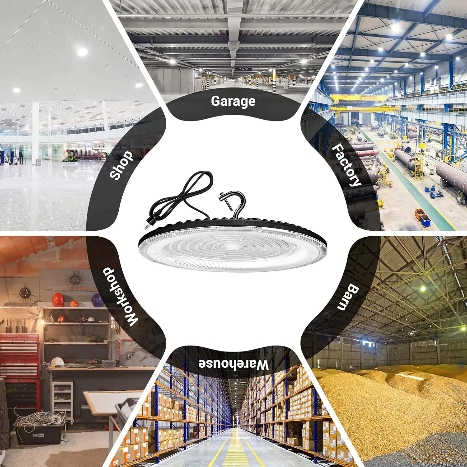 6 Pack 500W UFO Led High Bay Light Fixture,120V,5000K Daylight Commercial Shop Bay Lighting,75000LM,[2200W MH/HPS Equiv.] US Plug Area Lighting for Warehouse/Barn/Gym/Factory/Workshop/Garage