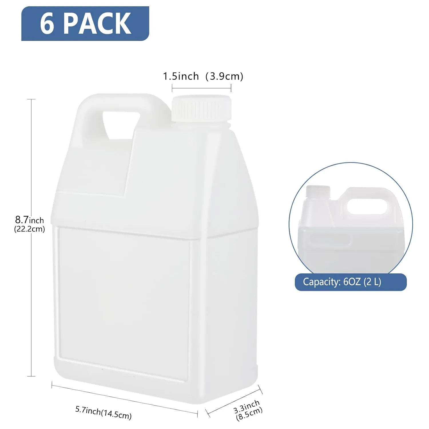 6 Pack 64 oz Clear Plastic Jugs with Lids, Water Jug Storage Containers with Ergonomic Handle, HDPE Containers for Water, Sauces, Beverage, Soaps, Liquids (0.5 Gallon)
