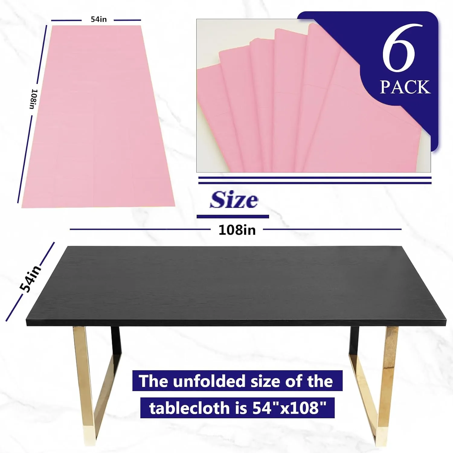 [6 Pack] Pink Paper Tablecloth Disposable for Rectangle Tables, 54 X 108 Inch Party Table Cover with Plastic Backing, Waterproof 3 Ply Table Cloth for Wedding Valentine's Day Parties
