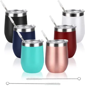 6 Pack Stainless Steel Wine Tumbler Wine Glass, 12 Oz Double Wall Vacuum Insulated Stemless Wine Tumbler with Lid Straw, Set of 6 Cups for Wine, Coffee, Cocktail, Ice Cream, Mix Color