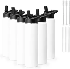 6 Pack Sublimation Water Bottle Blanks, 24oz Personalized Insulated Water Bottles Bulk with Handle & Straw Lid, Leak Proof DIY Gift for Sports Travel Gym Running Hiking Women Men, White