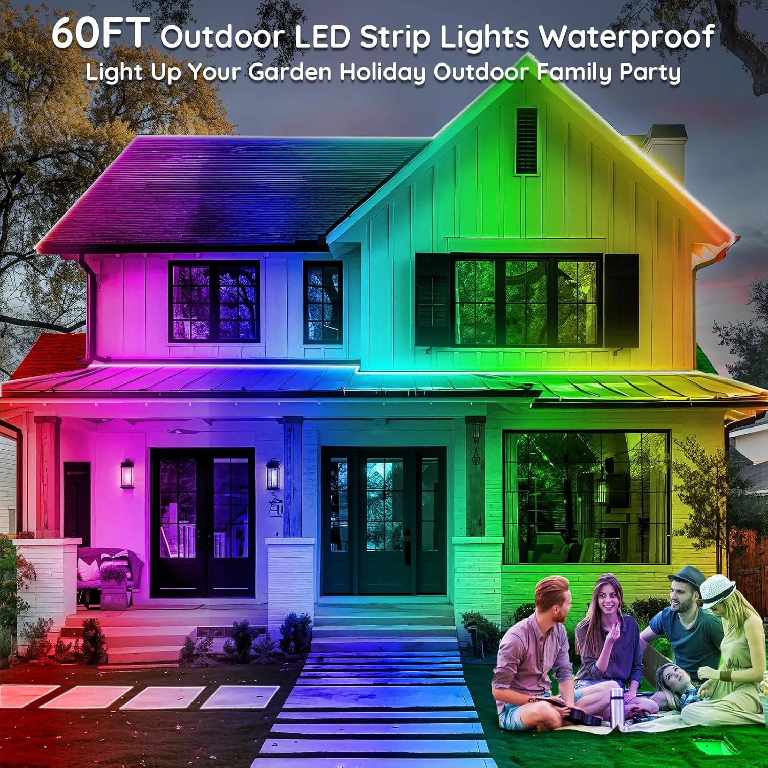 60ft Outdoor LED Strip Lights Waterproof,IP68 Outside Led Light Strips Waterproof with App and Remote,Music Sync RGB Exterior Led Rope Lights with Self Adhesive Back for Roof,Deck,Balcony