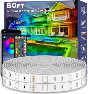 60ft Outdoor LED Strip Lights Waterproof,IP68 Outside Led Light Strips Waterproof with App and Remote,Music Sync RGB Exterior Led Rope Lights with Self Adhesive Back for Roof,Deck,Balcony