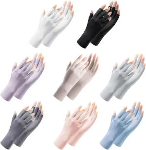 8 Pairs Sunblock Fingerless Gloves Sun Protection UV Gloves for Women Summer Touchscreen Cool Ice Silky Wrist Length Lightweight Driving Cycling Hiking Nail Art