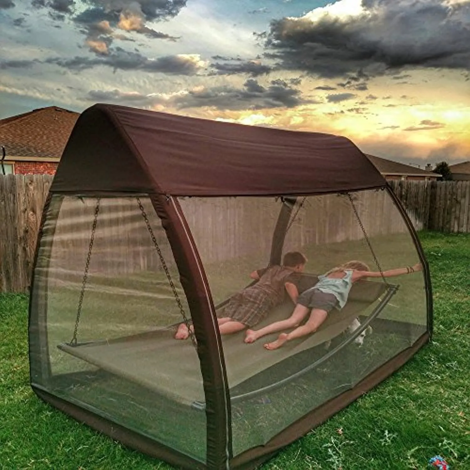 Abba Patio Outdoor Swing Hammock with Mosquito Net, Canopy Swing Bed for Patio, Porch, Backyard, 8'L x 5'W x 7'H, Chocolate