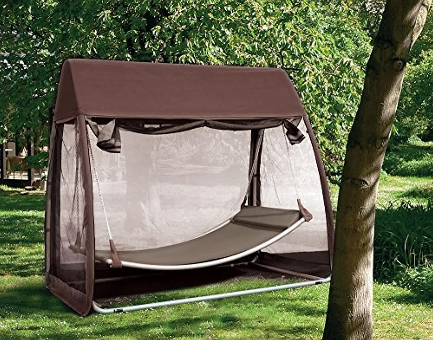 Abba Patio Outdoor Swing Hammock with Mosquito Net, Canopy Swing Bed for Patio, Porch, Backyard, 8'L x 5'W x 7'H, Chocolate