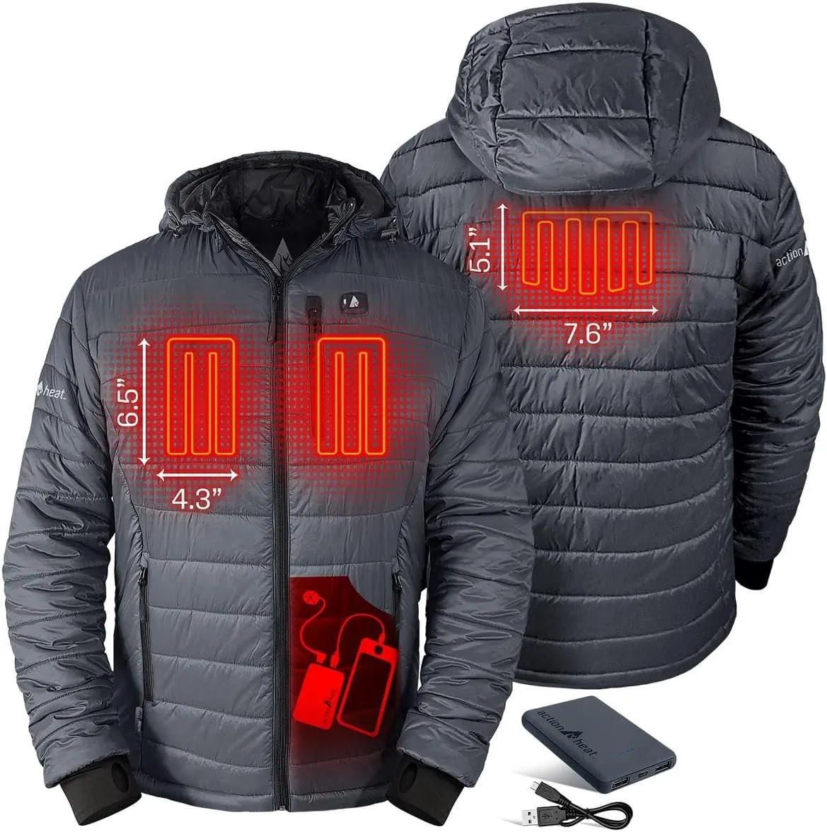 ActionHeat Men's 5V Insulated Heated Jacket with Detachable Hood, Battery Pack