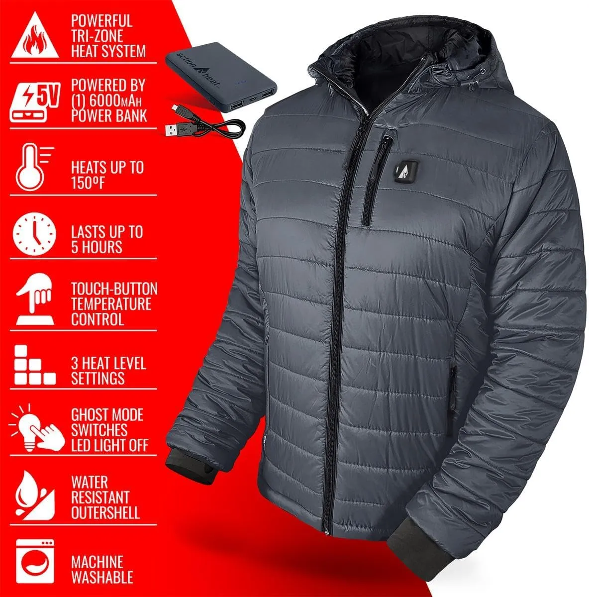 ActionHeat Men's 5V Insulated Heated Jacket with Detachable Hood, Battery Pack