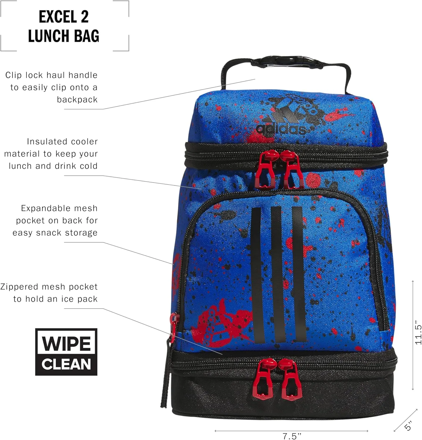 adidas Excel Lunch Bag, Cooler with Zipper, Pocket for Ice Pack, and Clip, Temperature Control Insulation, Splatter Bright Royal/Black/Better Scarlet, One Size