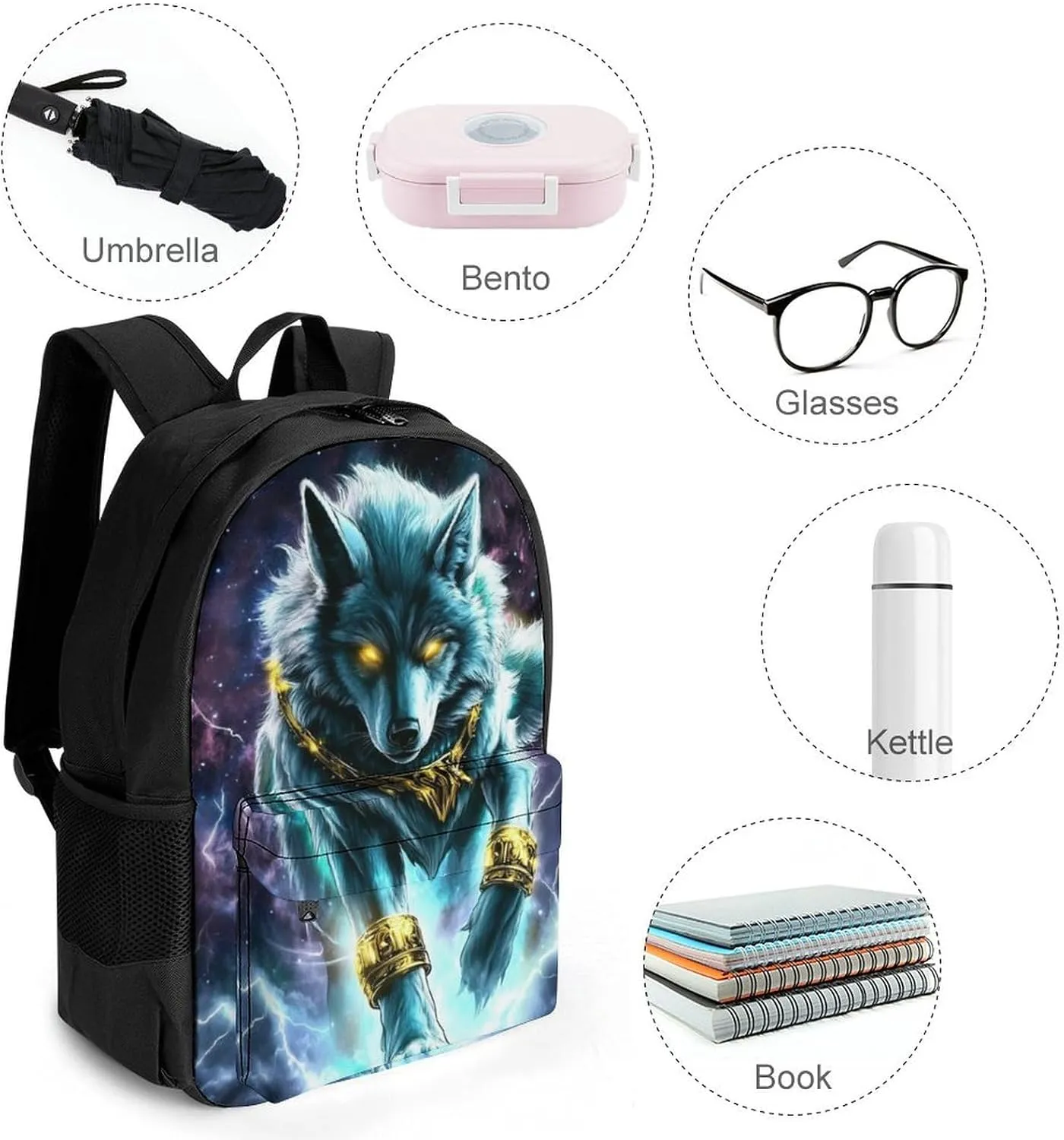 Adults Lightweight Cool Lightnings Cyan Wolf Shoulder Book Bags Big Capacity Shoulder Bag With Adjustable Shoulder Straps for Trekking Work Walking Cycling