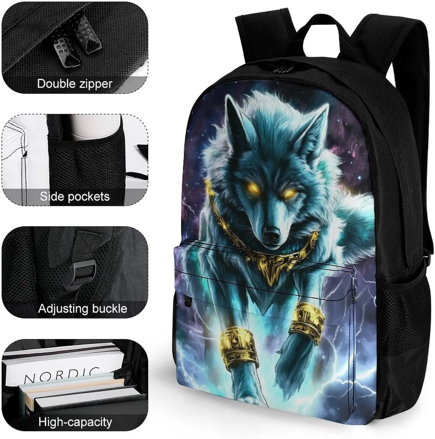 Adults Lightweight Cool Lightnings Cyan Wolf Shoulder Book Bags Big Capacity Shoulder Bag With Adjustable Shoulder Straps for Trekking Work Walking Cycling