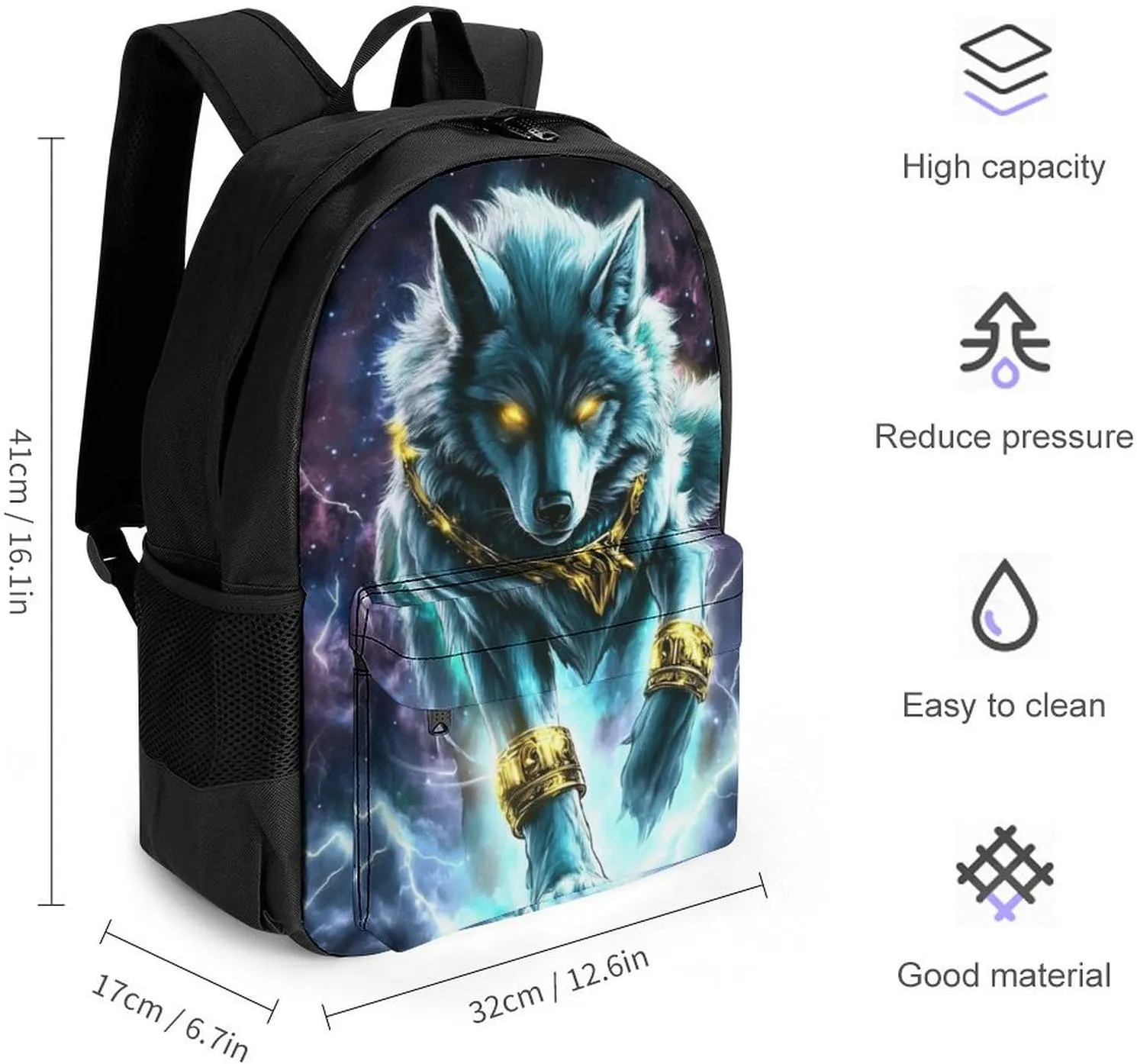 Adults Lightweight Cool Lightnings Cyan Wolf Shoulder Book Bags Big Capacity Shoulder Bag With Adjustable Shoulder Straps for Trekking Work Walking Cycling