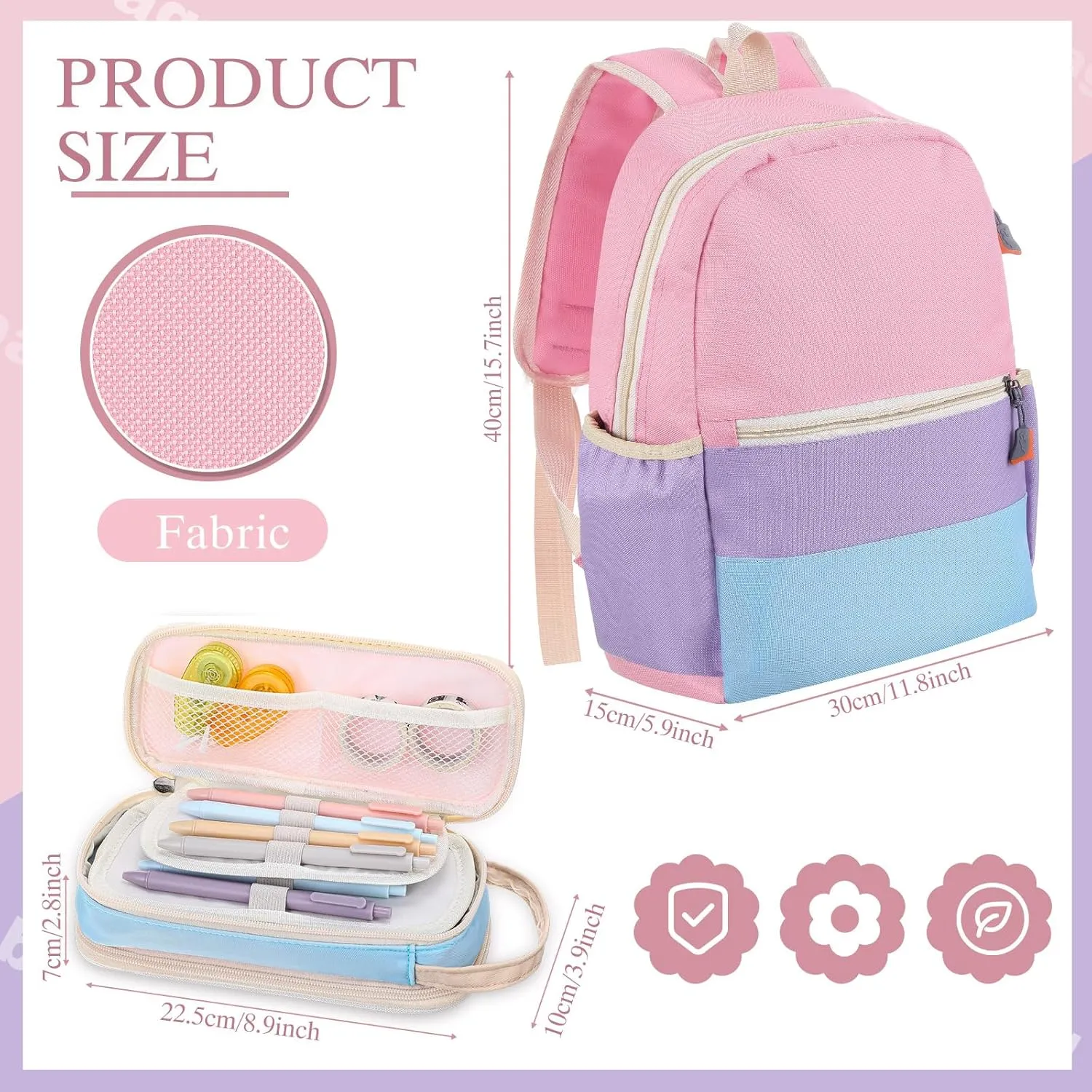 Aesthetic Backpack Set School Backpack Kindergarten with Pencil Case Kids Pencil Pouch School Supplies(Pink, Purple, Blue, Yellow)