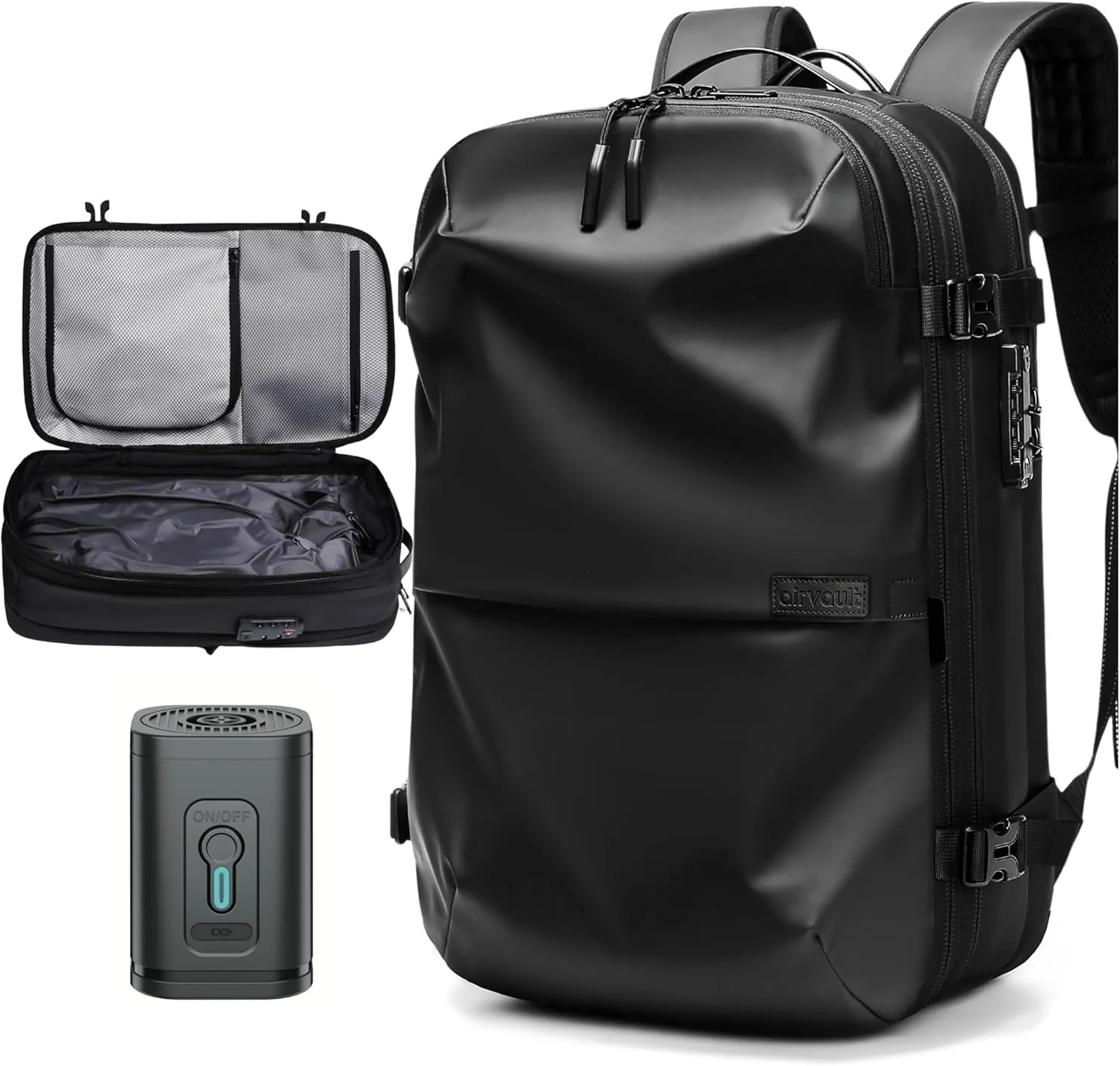 AirVault Vacuum Seal Travel Backpack 60L with Exapandable Vortex Air Compression Vacuum System Water Resistant TSA Lock (Vacuum Pump Included, Black, 60L)