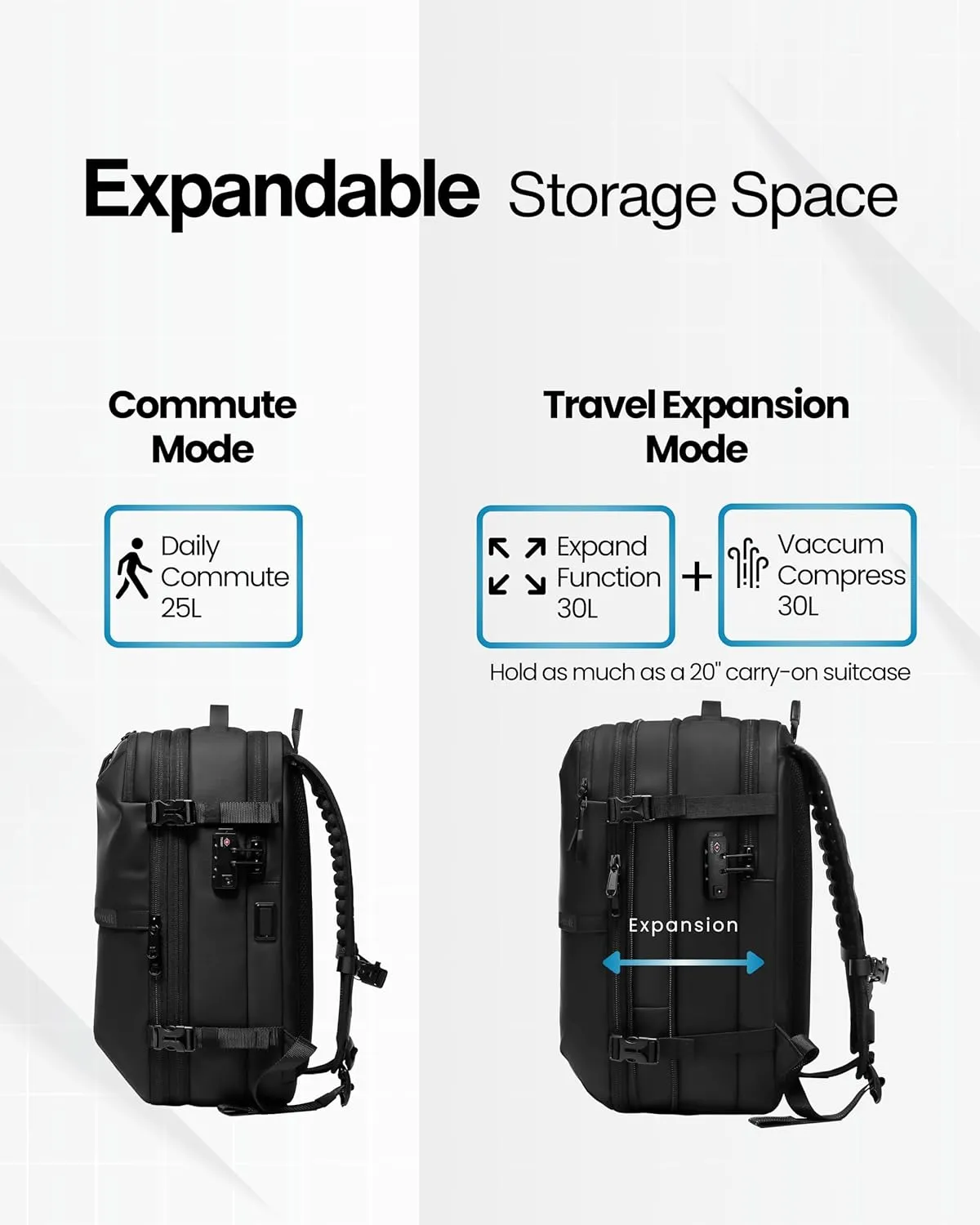 AirVault Vacuum Seal Travel Backpack 60L with Exapandable Vortex Air Compression Vacuum System Water Resistant TSA Lock (Vacuum Pump Included, Black, 60L)
