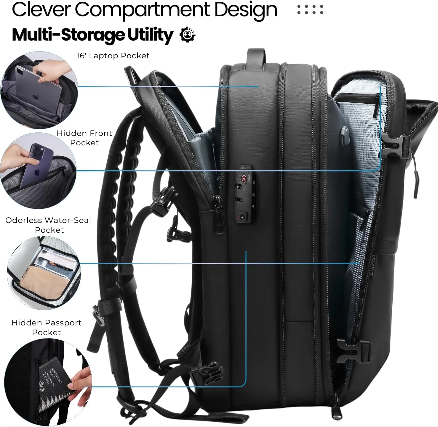 AirVault Vacuum Seal Travel Backpack 60L with Exapandable Vortex Air Compression Vacuum System Water Resistant TSA Lock (Vacuum Pump Included, Black, 60L)