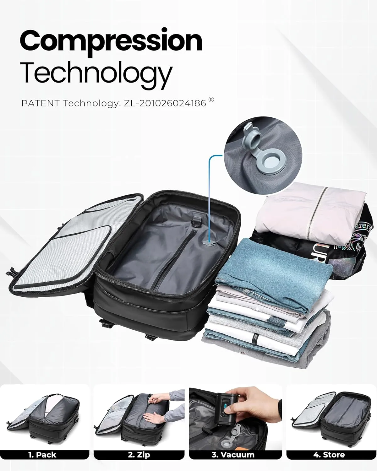 AirVault Vacuum Seal Travel Backpack 60L with Exapandable Vortex Air Compression Vacuum System Water Resistant TSA Lock (Vacuum Pump Included, Black, 60L)