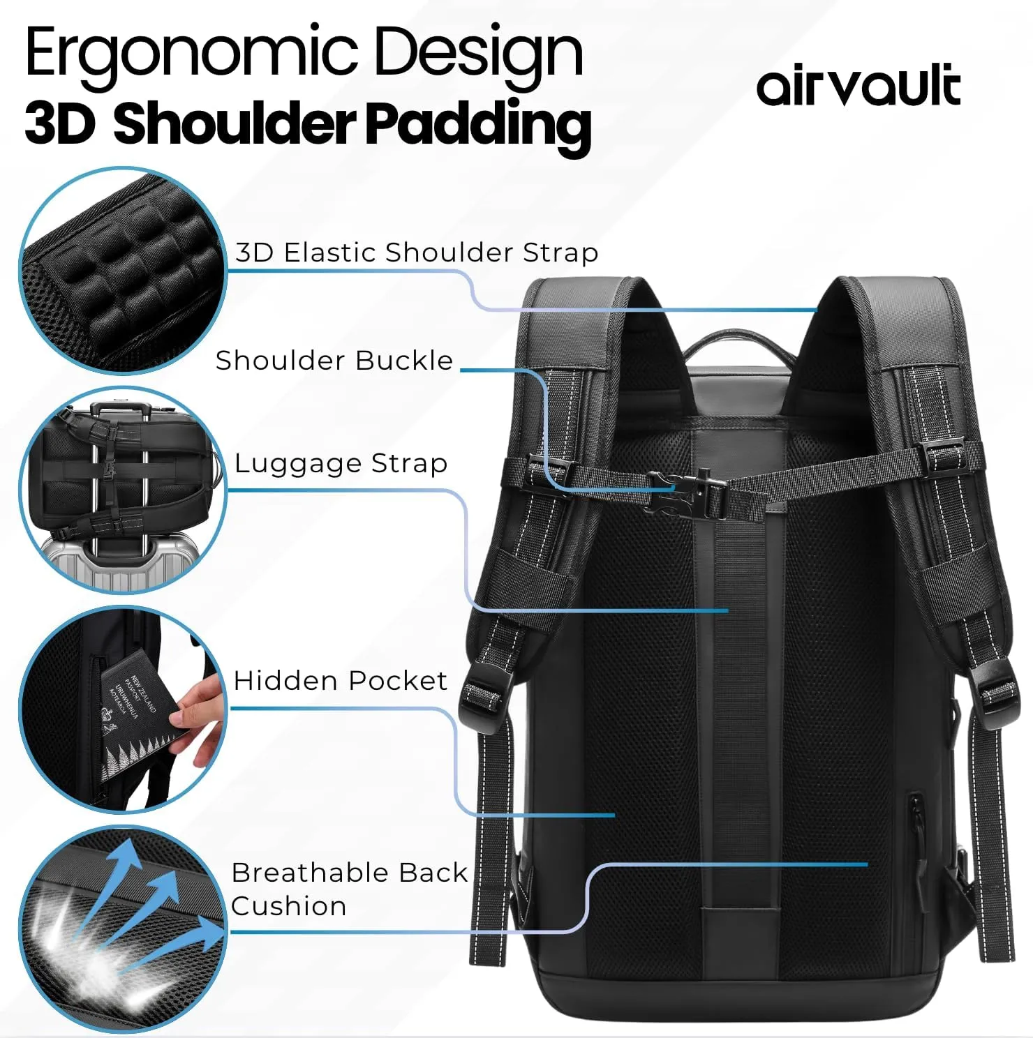 AirVault Vacuum Seal Travel Backpack 60L with Exapandable Vortex Air Compression Vacuum System Water Resistant TSA Lock (Vacuum Pump Included, Black, 60L)