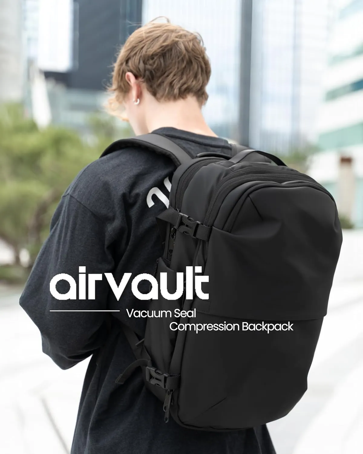 AirVault Vacuum Seal Travel Backpack 60L with Exapandable Vortex Air Compression Vacuum System Water Resistant TSA Lock (Vacuum Pump Included, Black, 60L)