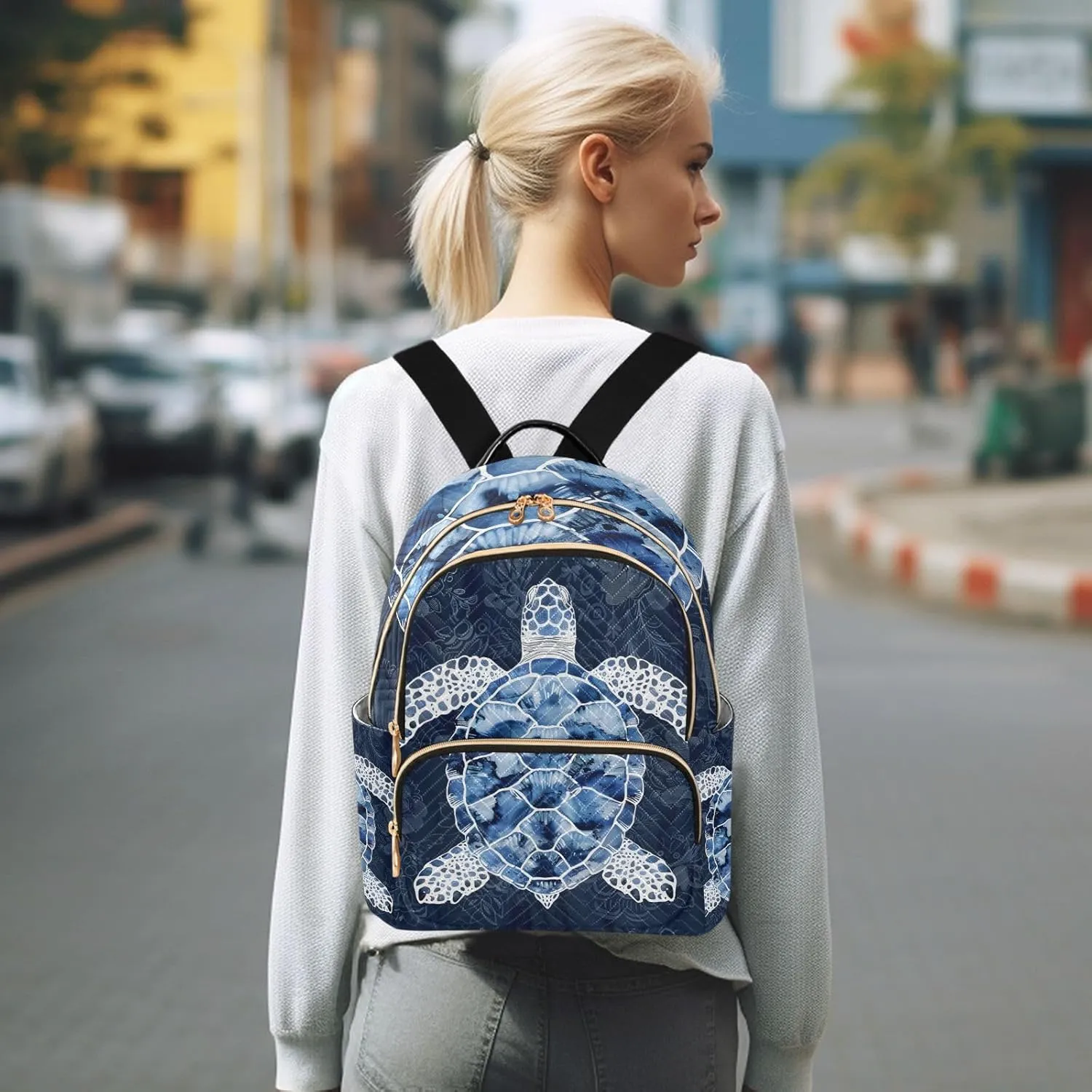 ALAZA Blue White Sea Turtle Mini Backpack Purse for Women Travel Bag Lightweight Shoulder Bag Fashion Daypack