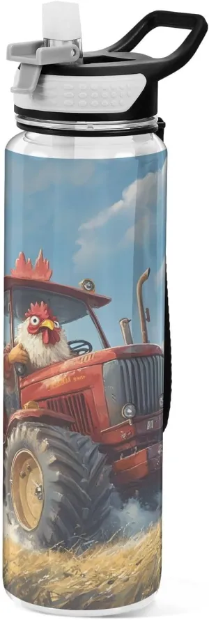 ALAZA Cock Driving A Tractor Rooster Water Bottle with Straw Lid 32oz Leakproof Sport Water Bottle Clear Large Gym Water Jug for Women Men Outdoor