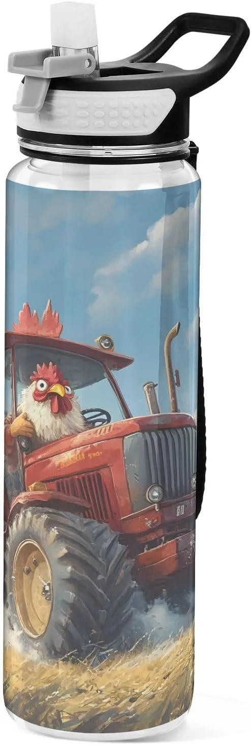 ALAZA Cock Driving A Tractor Rooster Water Bottle with Straw Lid 32oz Leakproof Sport Water Bottle Clear Large Gym Water Jug for Women Men Outdoor