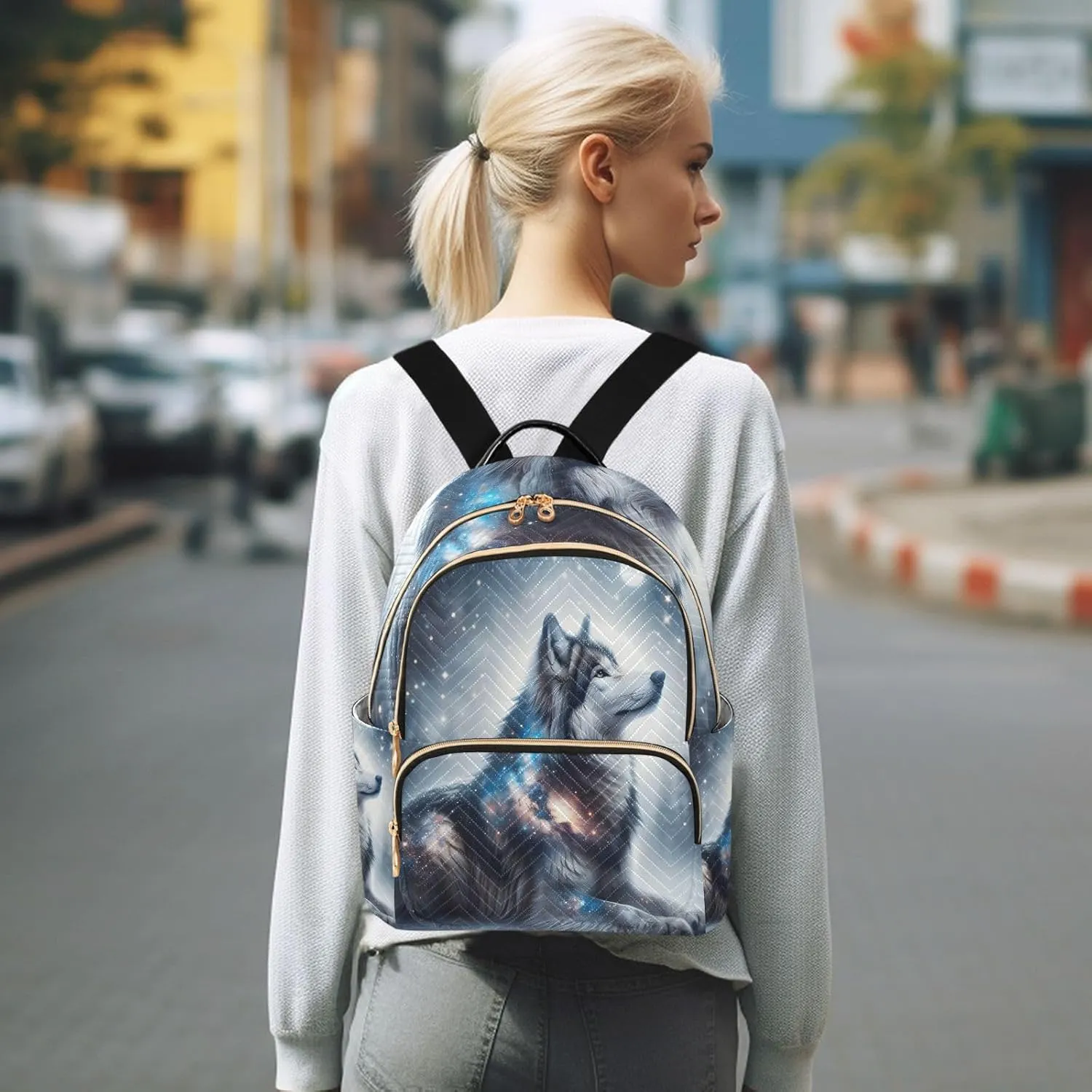 ALAZA Glitter Galaxy Wolf Small Backpack Purse for Women Travel Bag Lightweight Shoulder Bag Fashion Daypack