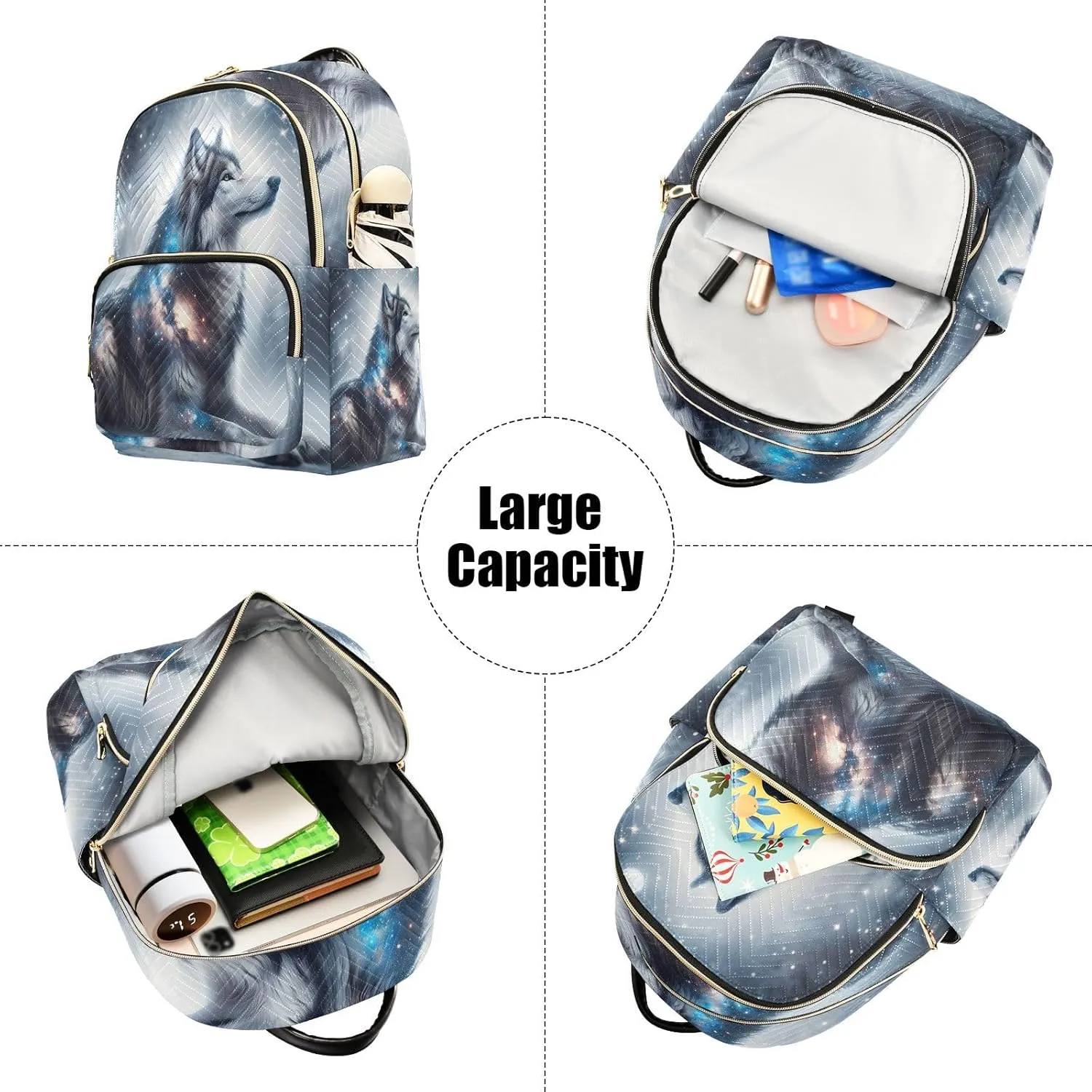 ALAZA Glitter Galaxy Wolf Small Backpack Purse for Women Travel Bag Lightweight Shoulder Bag Fashion Daypack