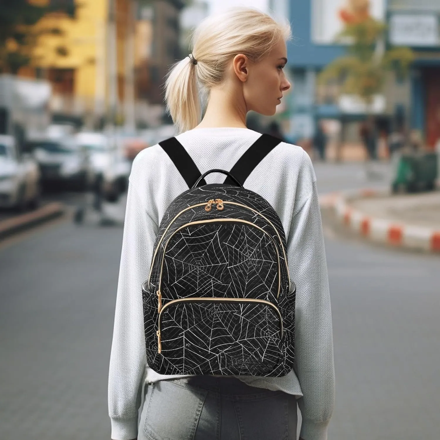 ALAZA Halloween Spiderweb Black Women Backpack Purse Ladies Fashion Shoulder Bag Daypack Travel Bag 7.5L