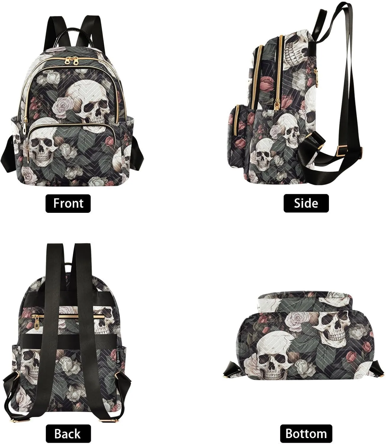 ALAZA White Skull Rose Flowers Black Small Backpack Purse for Women Travel Bag Lightweight Shoulder Bag Fashion Daypack
