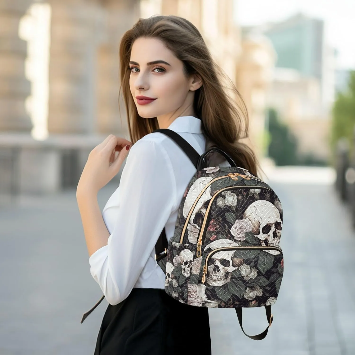 ALAZA White Skull Rose Flowers Black Small Backpack Purse for Women Travel Bag Lightweight Shoulder Bag Fashion Daypack