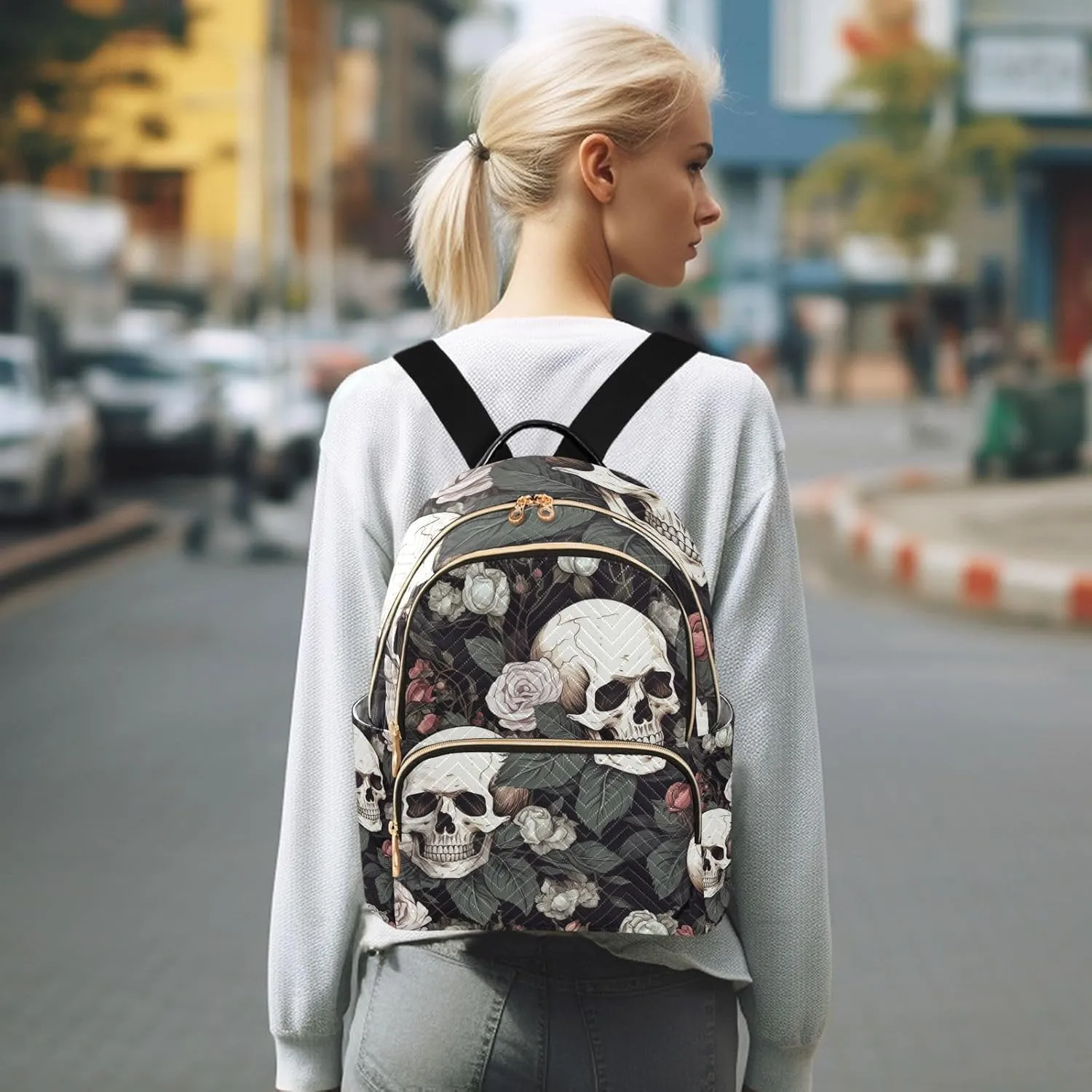 ALAZA White Skull Rose Flowers Black Small Backpack Purse for Women Travel Bag Lightweight Shoulder Bag Fashion Daypack