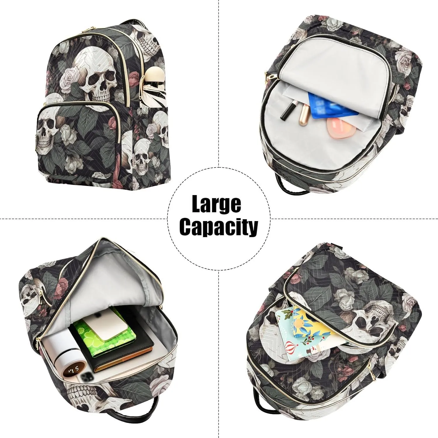 ALAZA White Skull Rose Flowers Black Small Backpack Purse for Women Travel Bag Lightweight Shoulder Bag Fashion Daypack