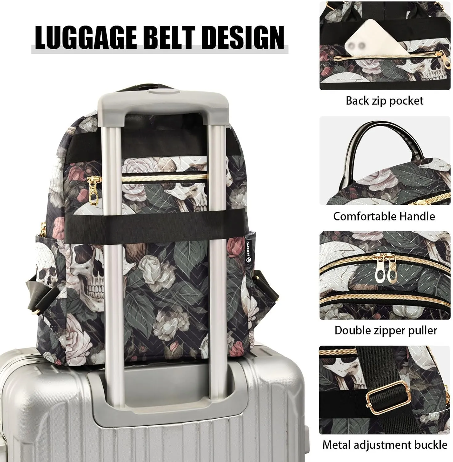 ALAZA White Skull Rose Flowers Black Small Backpack Purse for Women Travel Bag Lightweight Shoulder Bag Fashion Daypack