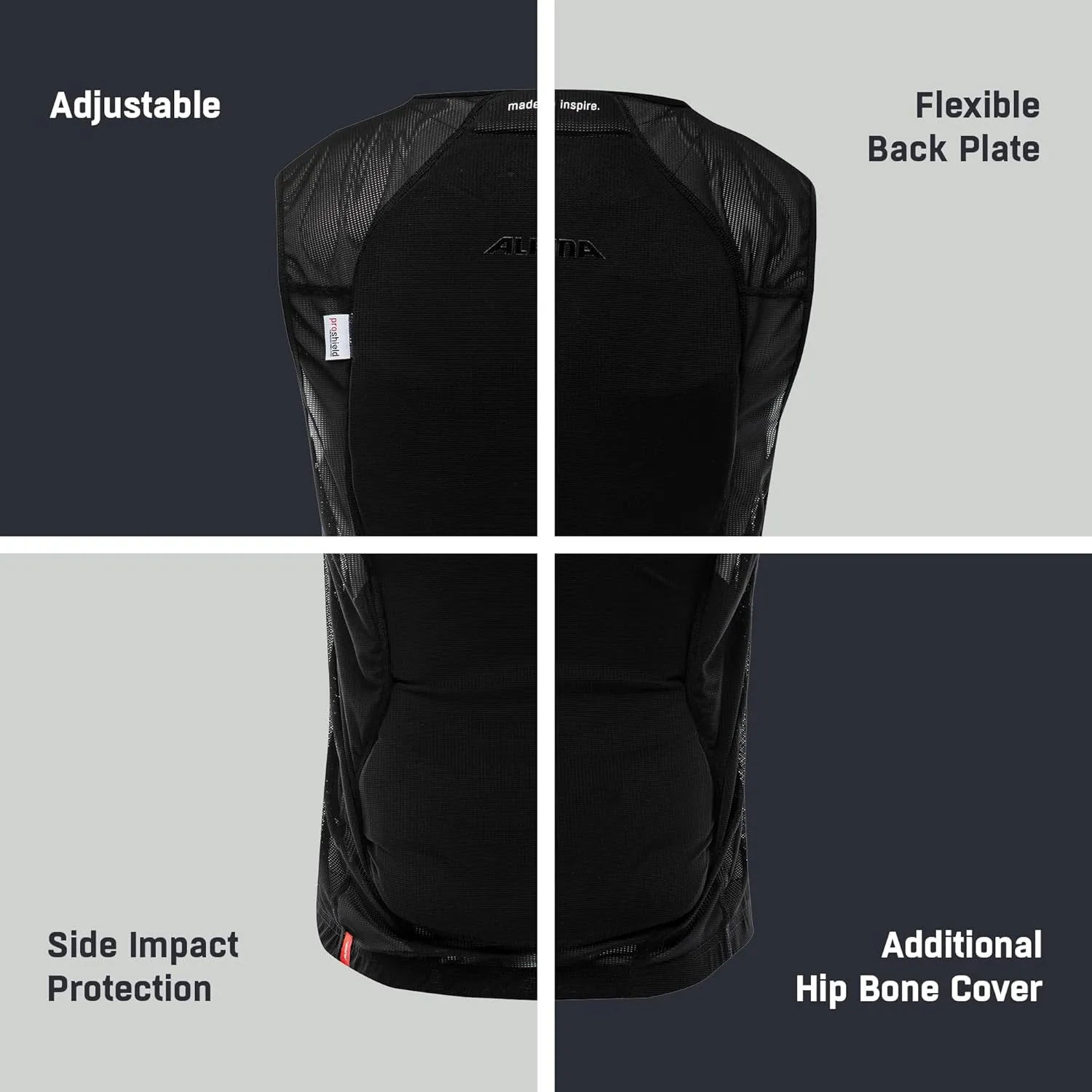 ALPINA Proshield Back Protector Vest Men, Lightweight Flexible Spine Protection for Skiing Snowboarding, Black