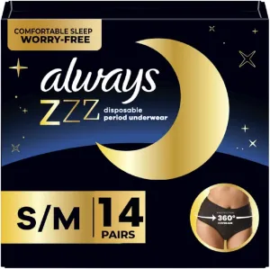 Always ZZZs Overnight Disposable Period Underwear for Women, Size S/M, Black Period Panties, Leakproof, 7 Count, Pack of 2 (14 Count Total)