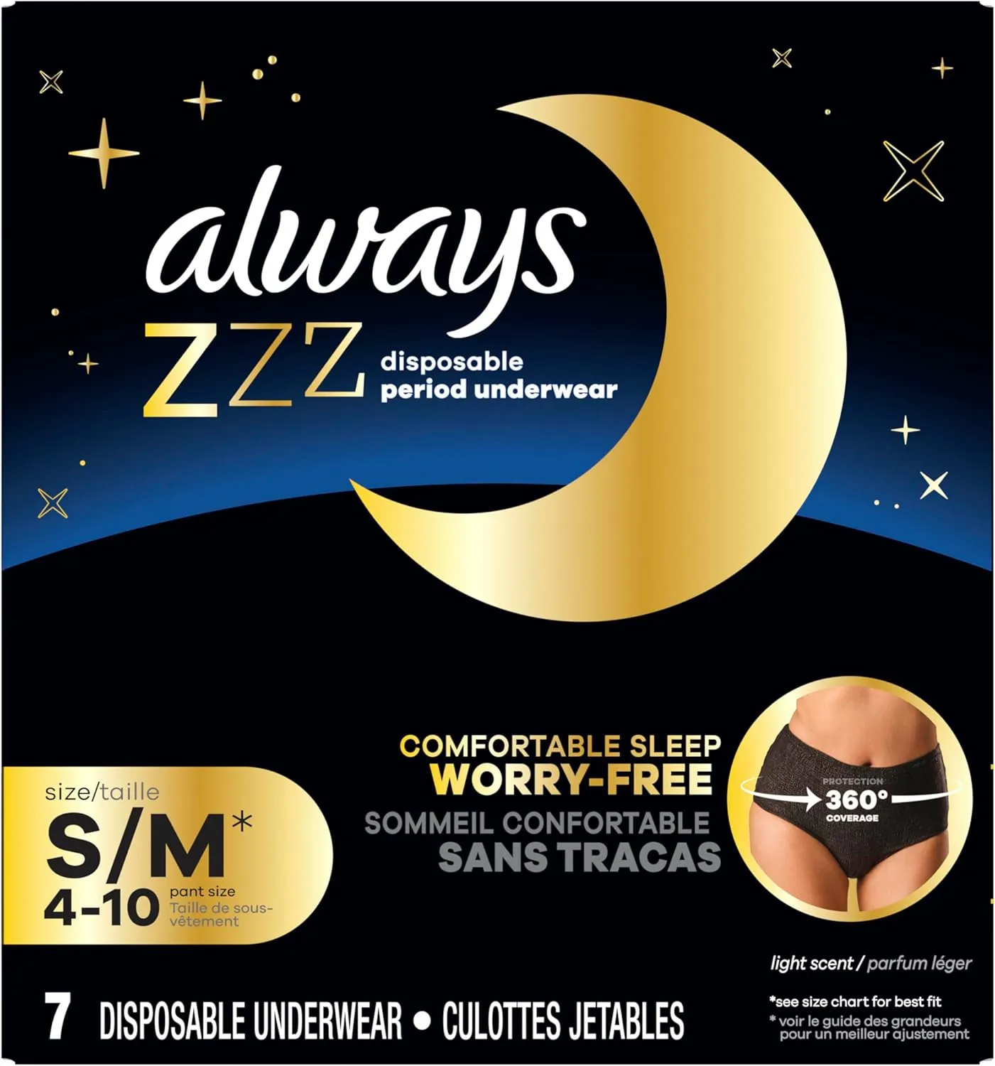 Always ZZZs Overnight Disposable Period Underwear for Women, Size S/M, Black Period Panties, Leakproof, 7 Count, Pack of 2 (14 Count Total)