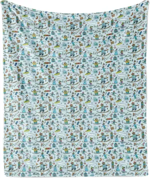 Ambesonne Winter Throw Blanket, Seasonal Sports Skiing Boy Mountain Ice Snowman Alpine Vacation Theme, Flannel Fleece Accent Piece Soft Couch Cover for Adults, 70" x 90", Pale Blue