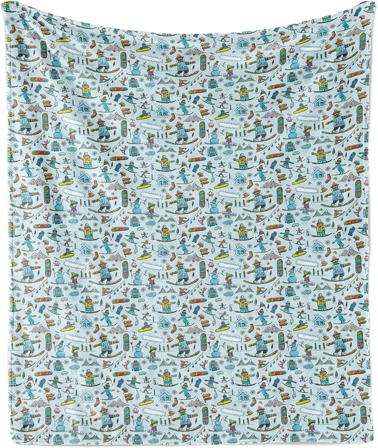 Ambesonne Winter Throw Blanket, Seasonal Sports Skiing Boy Mountain Ice Snowman Alpine Vacation Theme, Flannel Fleece Accent Piece Soft Couch Cover for Adults, 70" x 90", Pale Blue