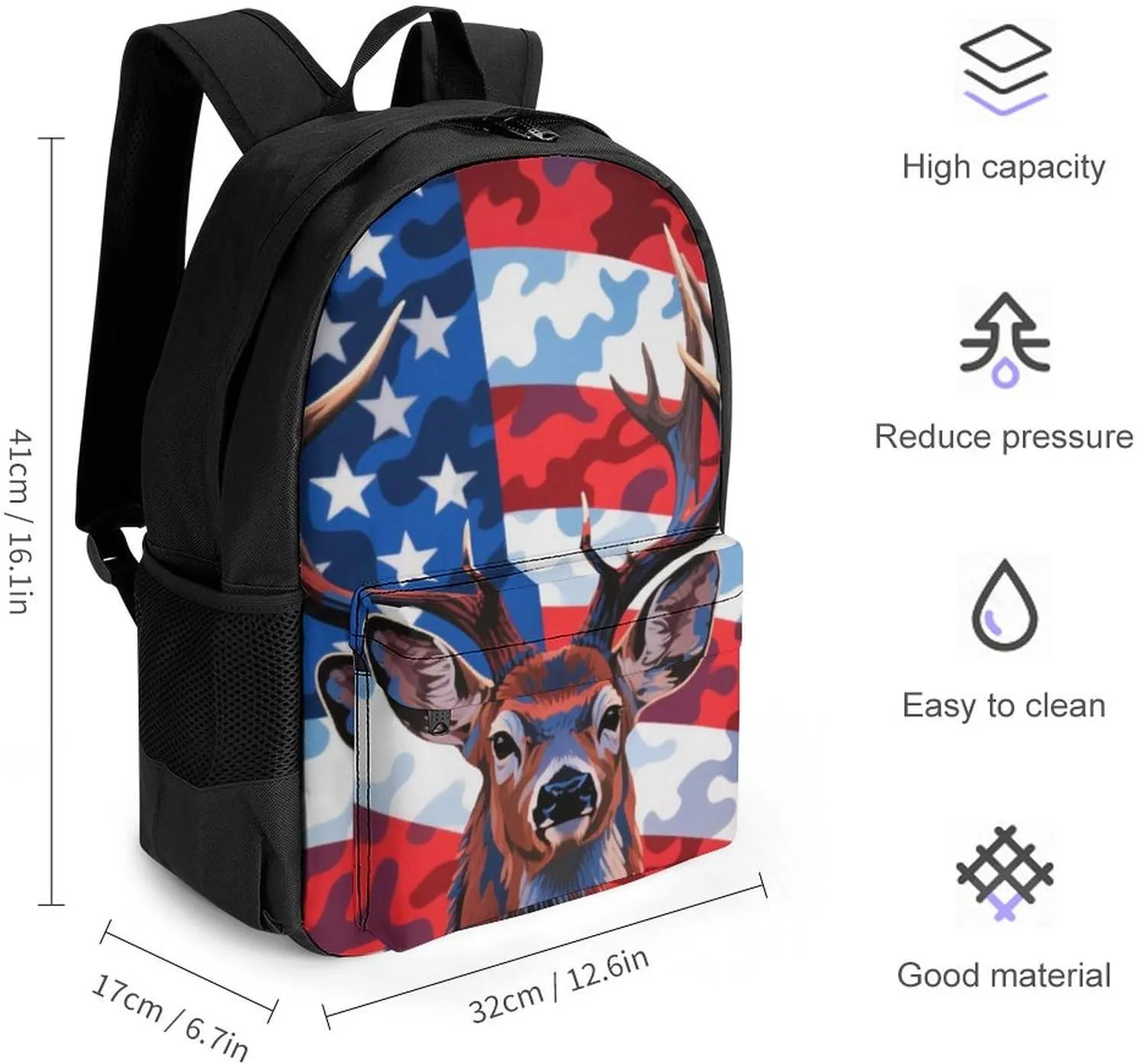 American Flag Camo Deer Camouflage Art Rucksacks Polyester Anti-Theft Multipurpose Carry On Bag Large Capacity Gym Outdoor Hiking Backpack With Smooth Zippers