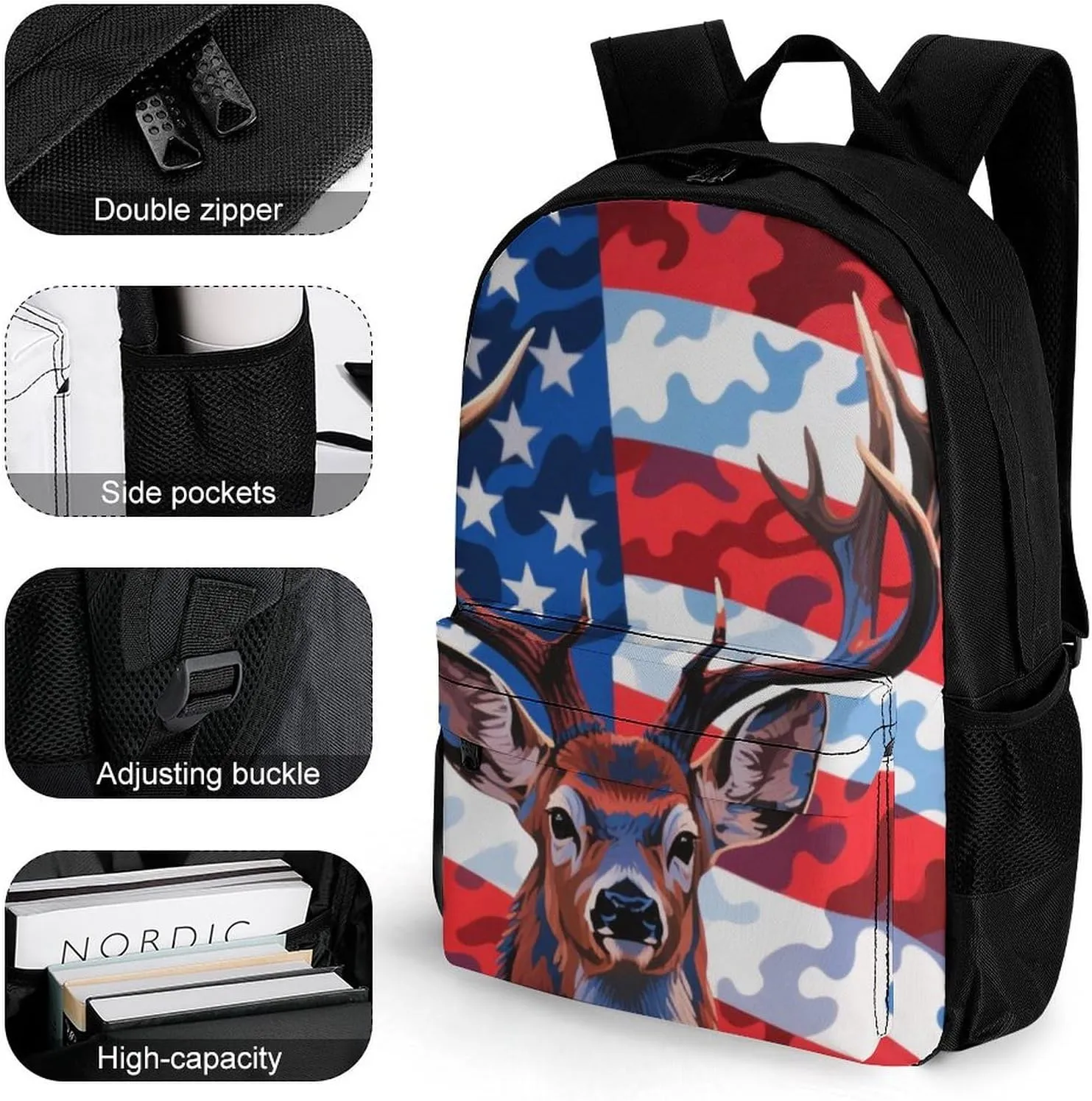 American Flag Camo Deer Camouflage Art Rucksacks Polyester Anti-Theft Multipurpose Carry On Bag Large Capacity Gym Outdoor Hiking Backpack With Smooth Zippers