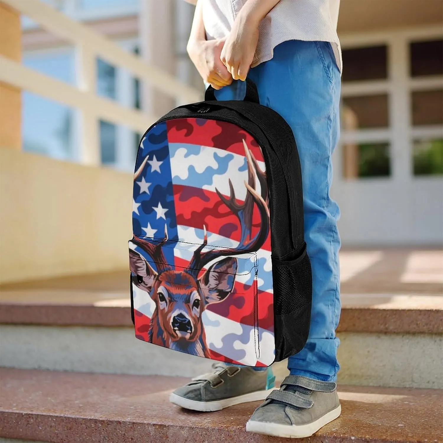 American Flag Camo Deer Camouflage Art Rucksacks Polyester Anti-Theft Multipurpose Carry On Bag Large Capacity Gym Outdoor Hiking Backpack With Smooth Zippers