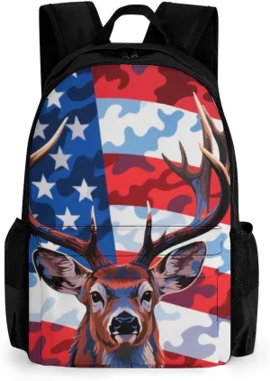 American Flag Camo Deer Camouflage Art Rucksacks Polyester Anti-Theft Multipurpose Carry On Bag Large Capacity Gym Outdoor Hiking Backpack With Smooth Zippers