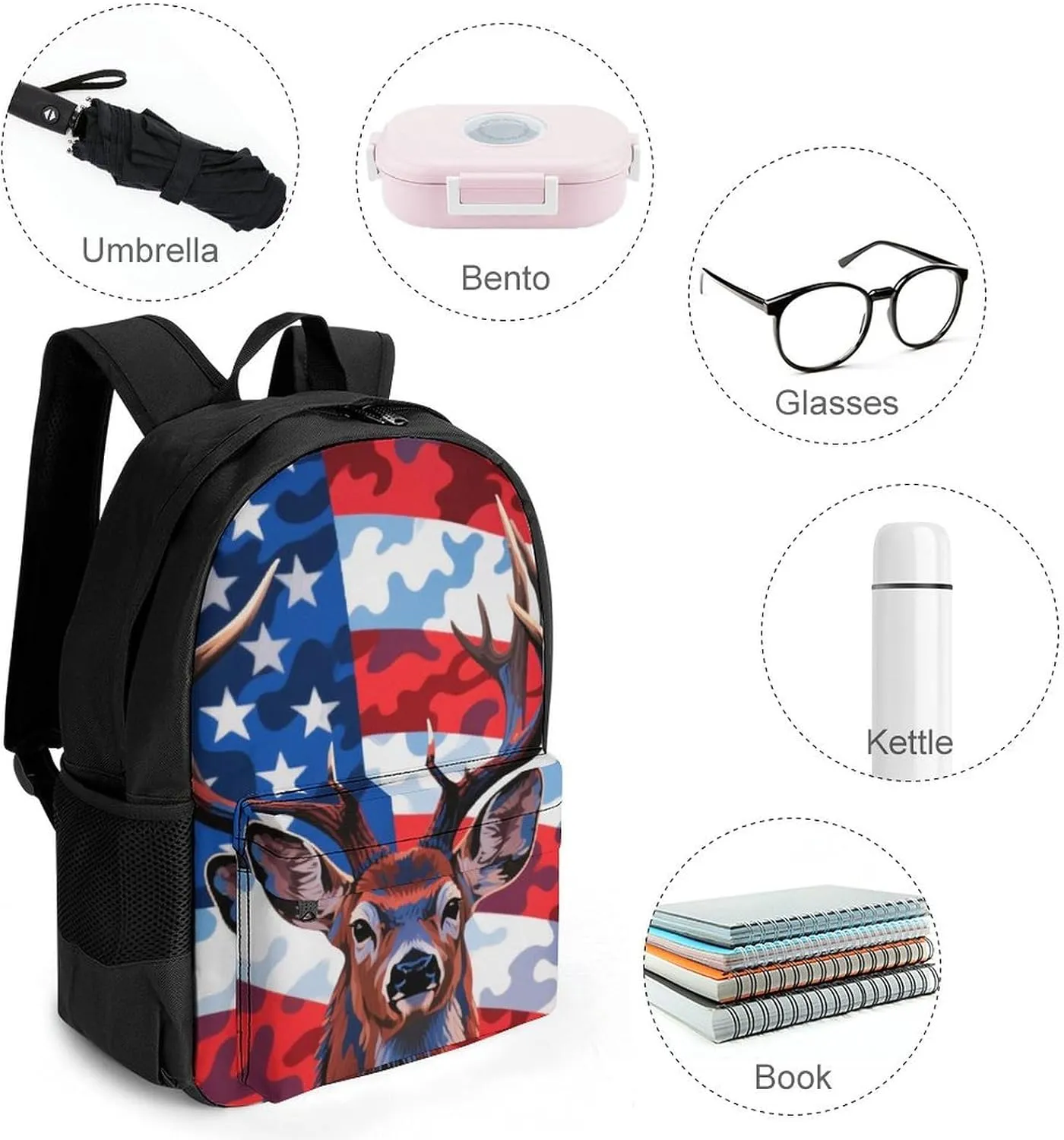 American Flag Camo Deer Camouflage Art Rucksacks Polyester Anti-Theft Multipurpose Carry On Bag Large Capacity Gym Outdoor Hiking Backpack With Smooth Zippers