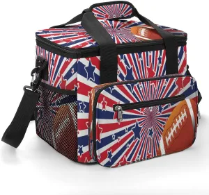 American Football Grass Field 22.5L Insulated Camping Coolers Bag Rugby Ball Day USA Large Leakproof Ice Chest for Beach Travel Picnic