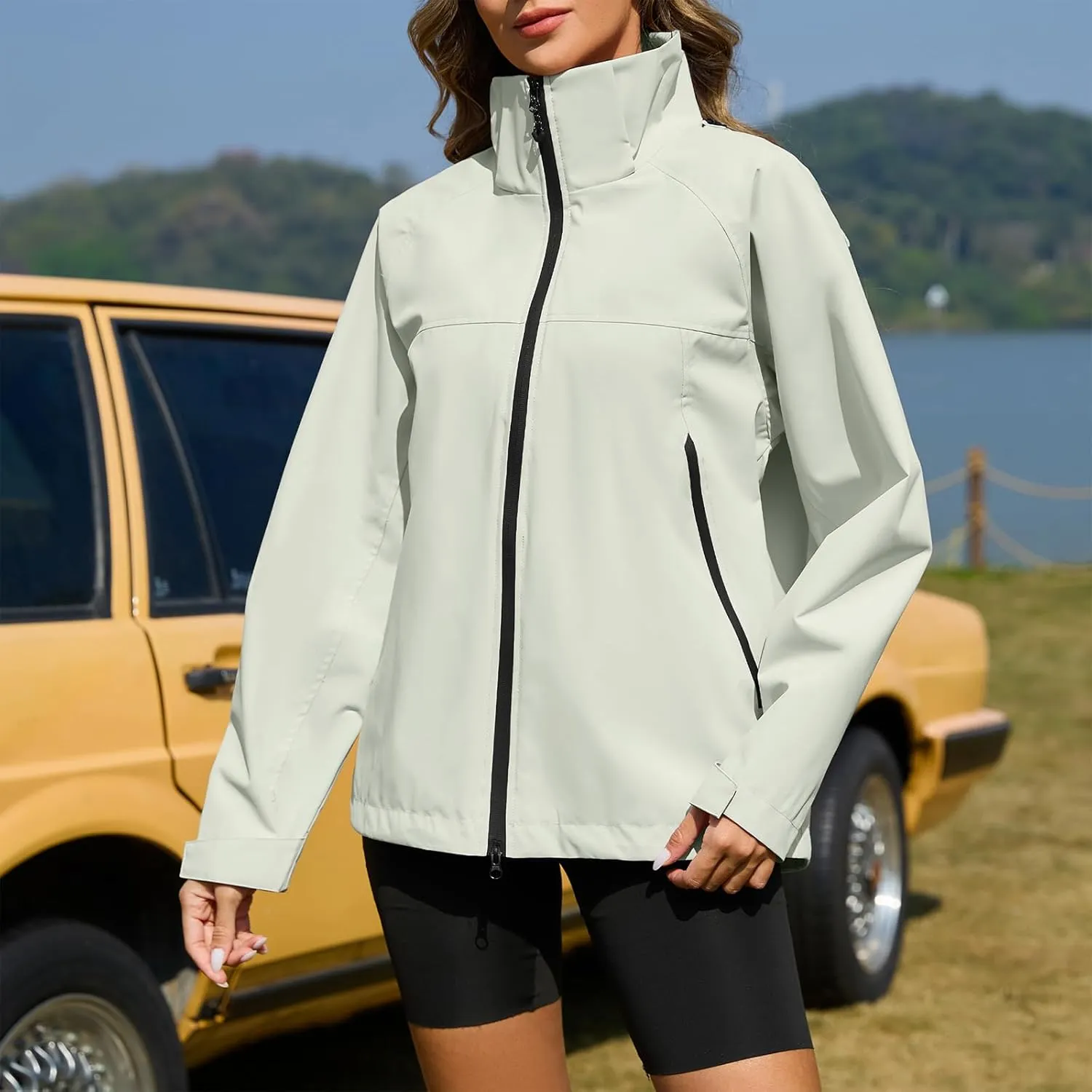 American Trends Rain Jacket Women Waterproof with Hood Travel Rain Coats Loose Fit Windbreaker Spring Jacket
