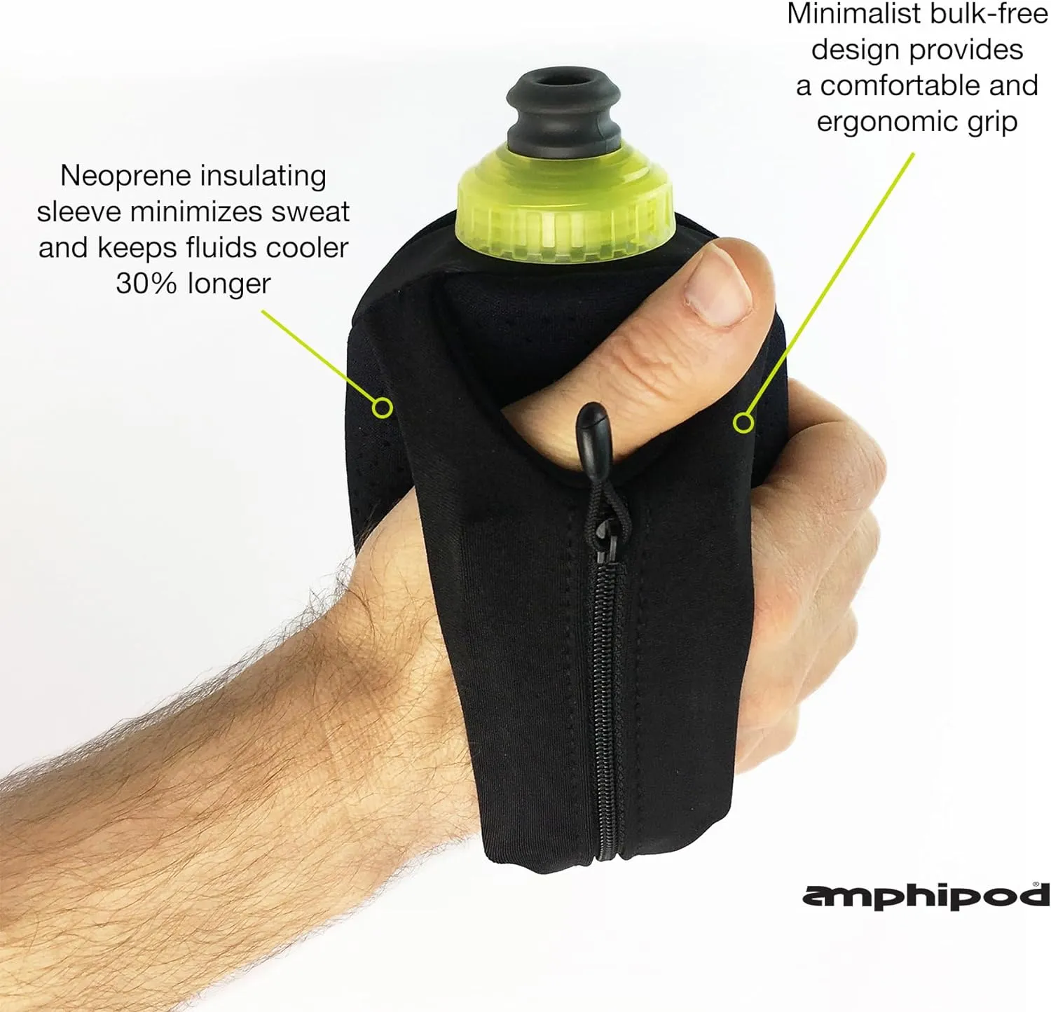 Amphipod Hydraform Ergo-Lite Handheld Water Bottle, BPA-Free Minimalist Insulated Hydration for Ultra-Running & Walking - Black/Green - 16 oz