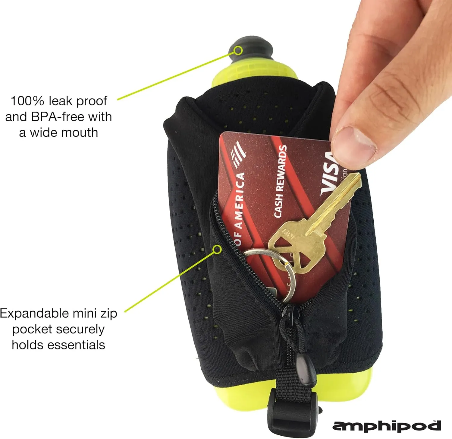Amphipod Hydraform Ergo-Lite Handheld Water Bottle, BPA-Free Minimalist Insulated Hydration for Ultra-Running & Walking - Black/Green - 16 oz