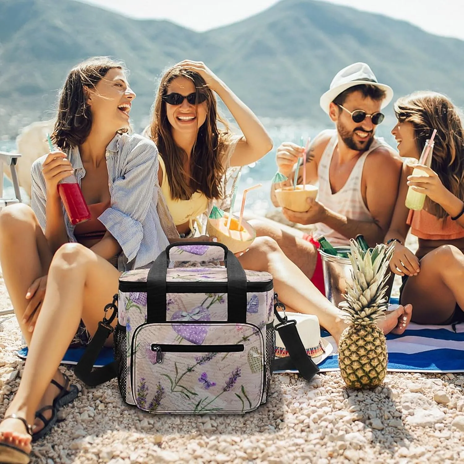 Anchor Flower Stripe 22.5L Insulated Camping Coolers Bag Summer Ocean Large Leakproof Ice Chest for Beach Travel Picnic