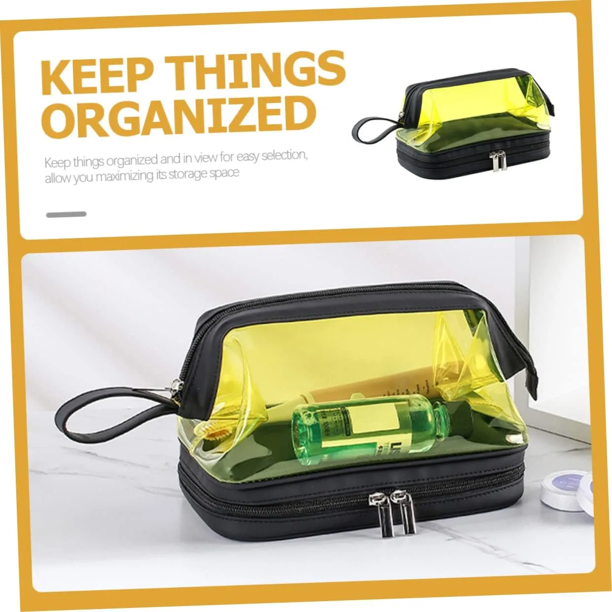 Angoily Transparent Cosmetic Bag Portable Travel Makeup Stand, Yellow, 22.5X16.5X12.5CM